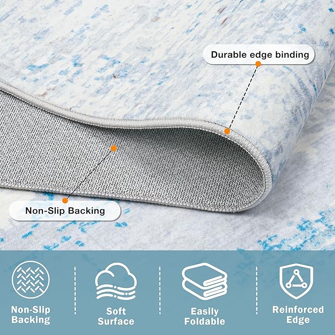 5x7 Area Rugs Washable Rug:Anti-Skid Abstract Modern Living Room Rug Soft Thin Carpets Indoor Floor Non-Shedding Carpet for Bedroom Dining Farmhouse Nursery Home Office(Light Blue/White/Beige, 5x7)