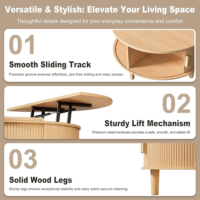 INNOD Round Coffee Table Lift Top with Storage, Fluted Drum Coffee Table for Living Room, Mid Century Modern Oak Wood Round Coffee Table with Sliding Tambour Door, Center Table (Boho Light Oak)