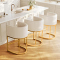 Modern Counter Height Bar Stools,Bar Stools Set of 3,PU Leather Upholstered Barrel Barstools with Backs,26'' Kitchen Island Chairs,Metal Gold Frames,Beige White Leather