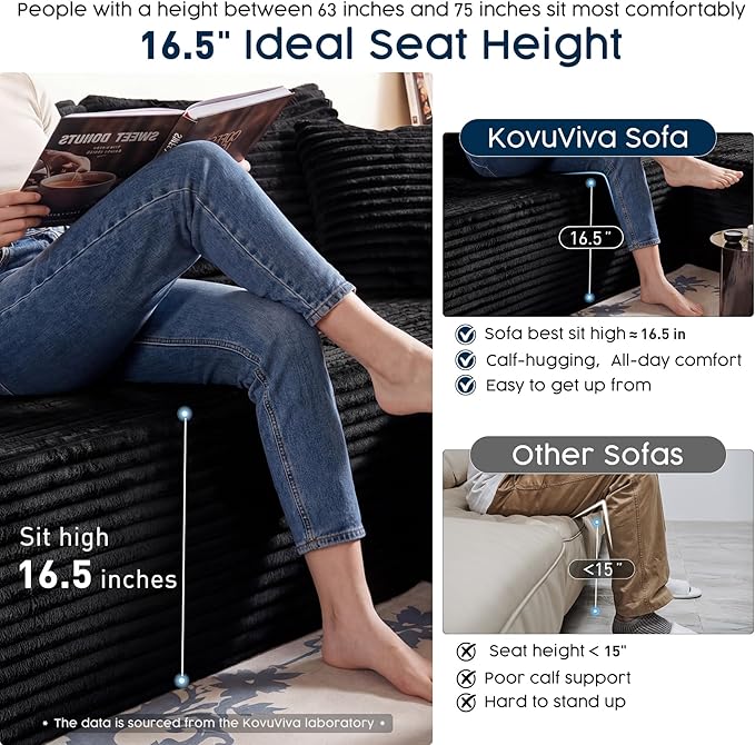 Black Sectional Couch for Living Room - 108" Modular Cloud Sofa with Chaise, Ultra Soft Corduroy L-Shaped Large Couches, Boneless Deep Seat Sectional Couch, No Assembly Required (Left Facing Chaise)