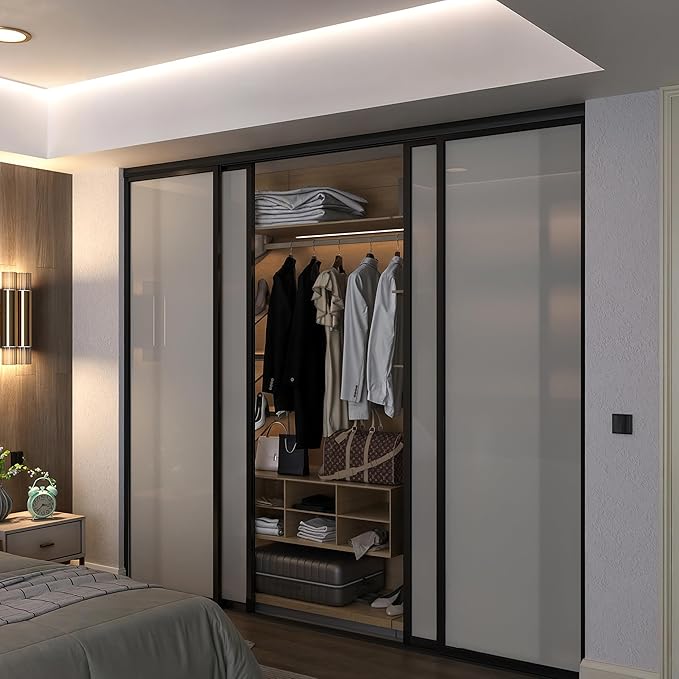 Door55 4 Panel Glass Sliding Closet Door with Aluminum Frame, Silent Glide Technology, Bedroom Closet Doors (Frosted Glass, 96x96)