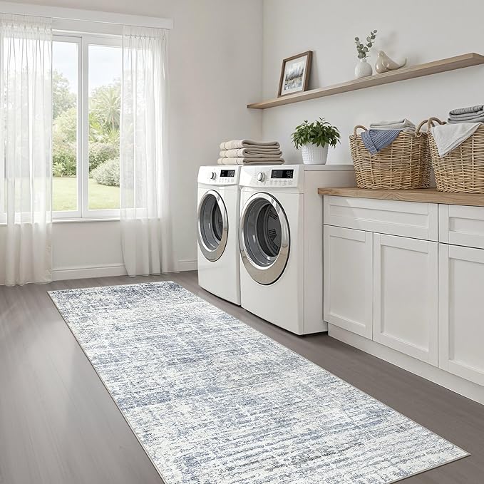 Runner Rug Non-Slip Kitchen Rug: 3x8 Washable Abstract Modern Soft Stain Resistant Indoor Floor Neutral Accent Throw Carpet for Hallway Bathroom Laundry Room Bedroom Entryway- Blue