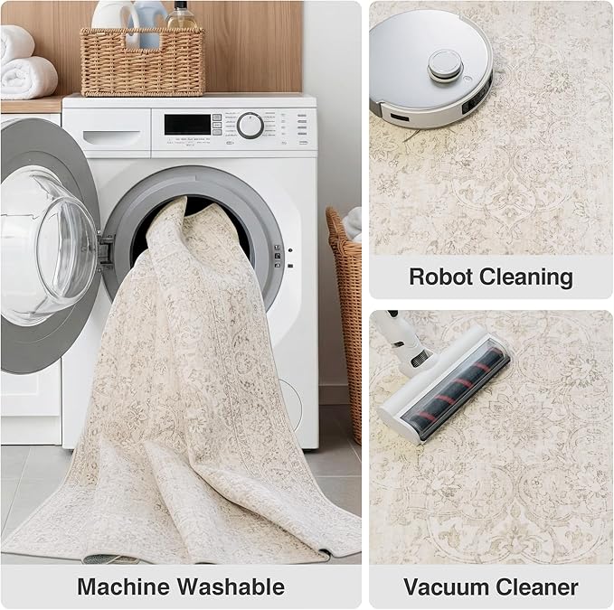 FMFUNCTEX 2x6 Hallway Runner Rug Beige Vintage Neutral Washable Distressed Non Slip Low Pile Indoor Carpet Soft Retro Entryway Rug for Kitchen Bathroom Laundry Entrance Living Room Bedroom Bedside