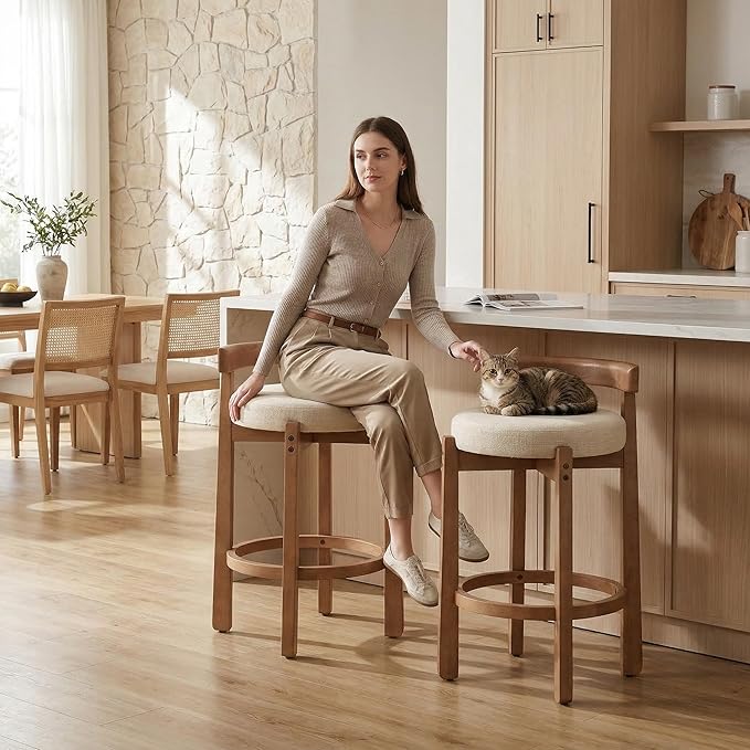 LukeAlon Mid Century Linen Counter Stools Set of 6, Upholstered 26.5” Seat Height Low Barstools with Natural Wood Legs Round Low Back Kitchen Stools with Footrest for Dining Room, Beige