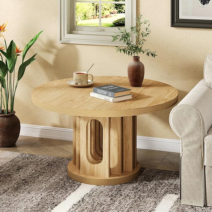 knoworld 31.5" Round Coffee Table, Small Wooden Circle Center Table Hole Panel Splice Design Coffee Tables for Living Room, Thickened Edge MDF Board, Natural Oak