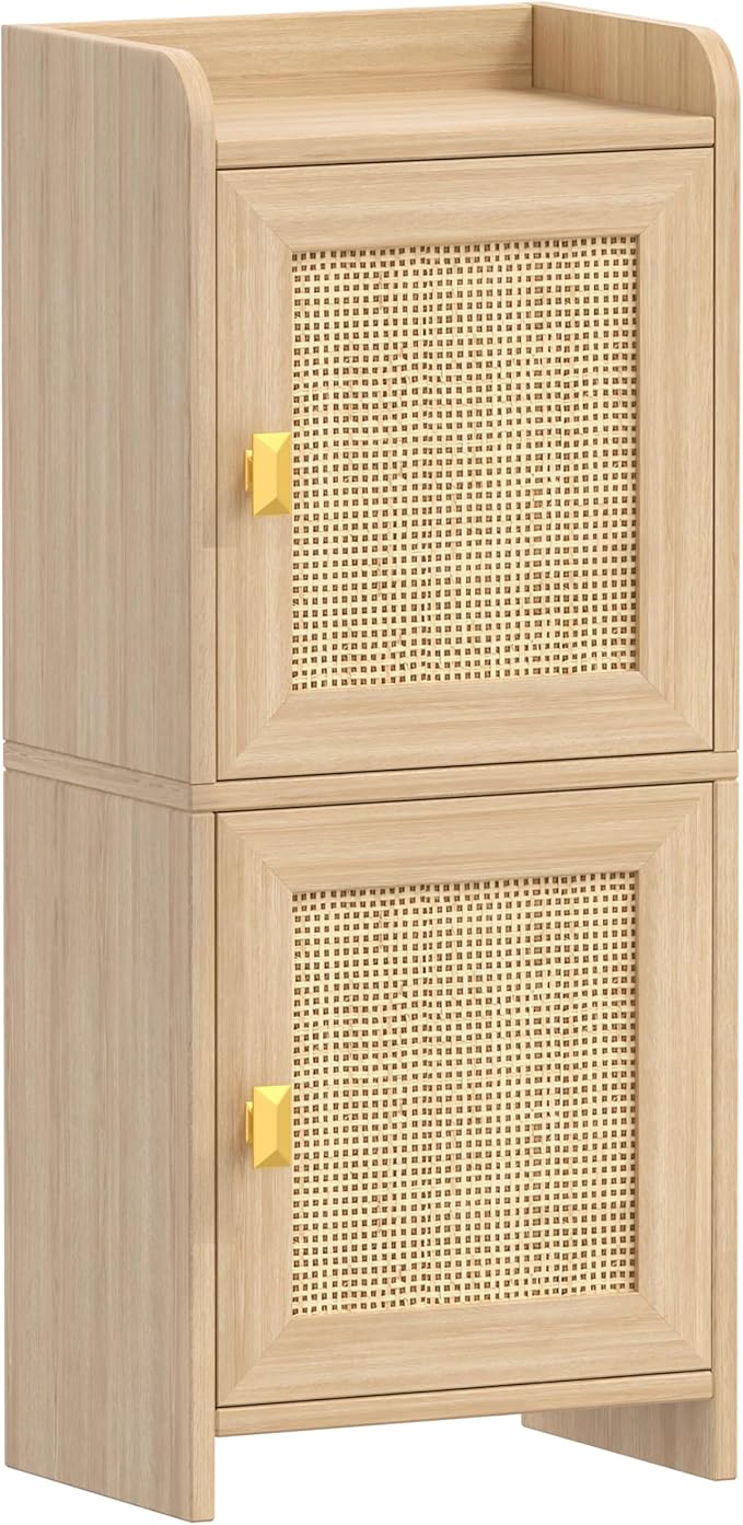 Akxomel Rattan Small Bathroom Cabinet with 2 Doors, 7.9''D x 11.8''W Narrow Toilet Paper Storage Cabinet, Bathroom Organizer for Small Space, Wooden Slim Corner Unit with Adjustable Shelf, Natural Oak