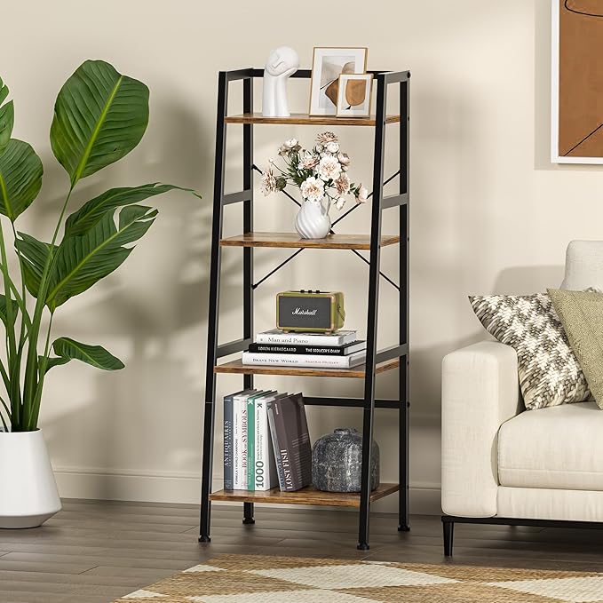 4-Tier Bookshelf, Ladder Shelf, Stand Up Shelves, Industrial Bookcase with Steel Frame, Metal Small Bookcase, for Living Room, Home Office, Kitchen, Bedroom, Industrial Style （Rustic Brown & Black）