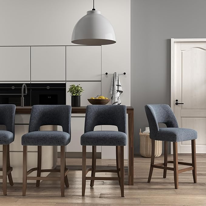 VKNOW Bar Stools Set of 2, 26" Upholstered Counter Height Bar Stools, Modern Counter Stools with Wood Legs for Kitchen Island Dining Room Bar, Navy Blue