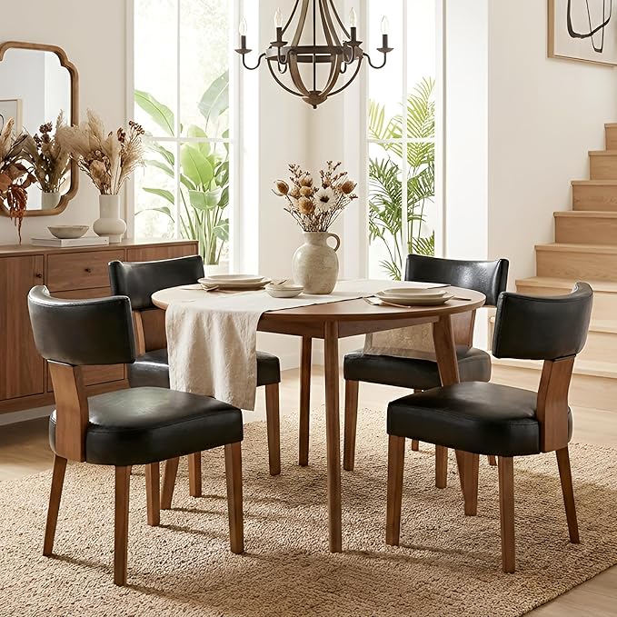 HNY Mid Century Modern Dining Chairs Set of 2, Farmhouse PU Leather Upholstered Accent Chair Curved Backrest Kitchen Chairs, with Hardwood Frame, Black