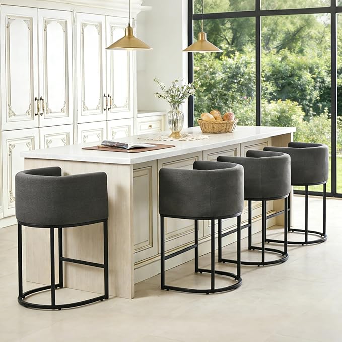 ClinQ 26" H Counter Height Bar Stools Set of 4, Modern Barrel Counter Stools with Backrest and Arms, Black Metal Frames, Linen Fabric Upholstered Accent Barstools for Kitchen Island, Carbon Gray