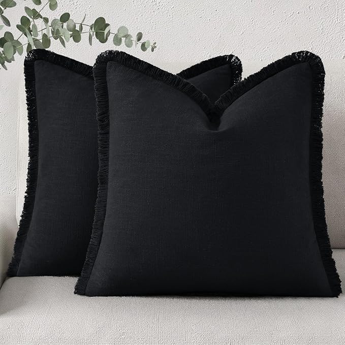 decorUhome Summer Decorative Neutral Linen Fringe Throw Pillow Covers Set of 2 Black Pillow Covers with Tassels Soft Farmhouse Boho Accent Pillow Cases for Couch Bed Sofa 20x20 Inch