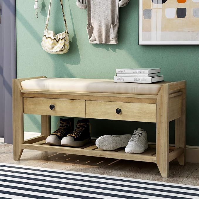 LUMISOL Storage Bench, Shoe Rack with Upholstered Seat and 2 Drawers, Solid Wood Entryway Storage Bench with Shoe Rack for Entryway, Living Room, Bedroom, Antique Navy