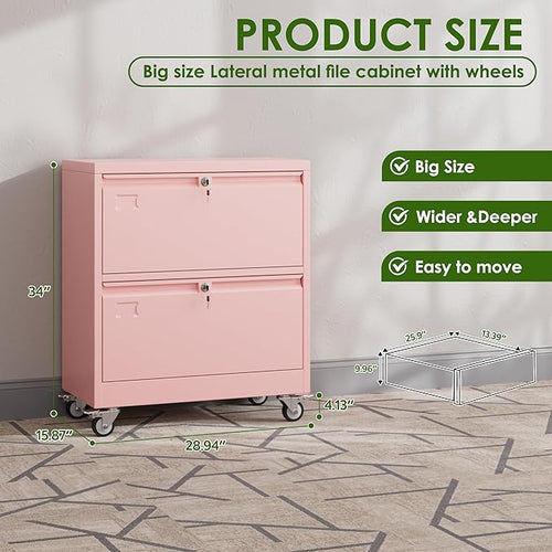 Aobabo Lateral File Cabinet 2 Drawer with Wheels, Lockable Metal Filing Cabinet for Home Office, Legal/Letter Size,Pink,Required Assembled,15.87" D x 28.94" W x 34" H