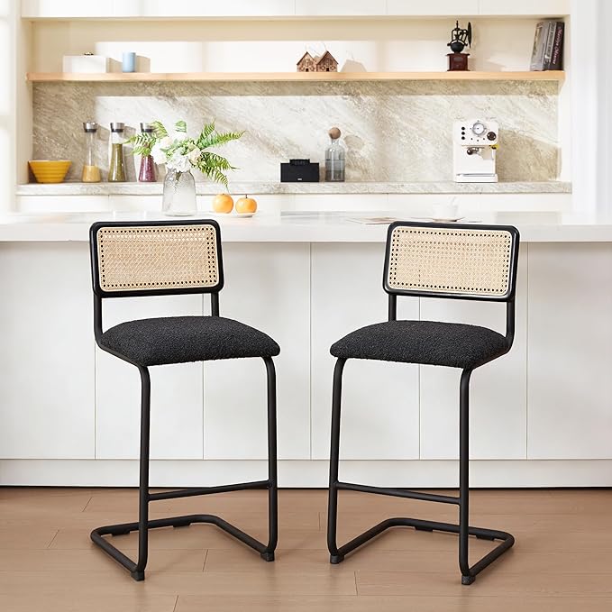 Zesthouse Natural Rattan Counter Stools Set of 4, 26'' Mid Century Modern Counter Height Barstools with Solid Wood Back & Cane Mesh, Upholstered Black Boucle Bar Stools for Kitchen Island, Chrome Base