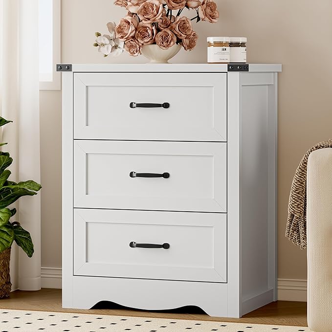 BORNOON 3-Drawer Dresser for Bedroom, Small Wooden Chest of Drawers with Metal Handles, Narrow Storage Cabinet with Anti-Tipping Design, Sturdy Dresser Organizer for Closet, Living Room, Entryway