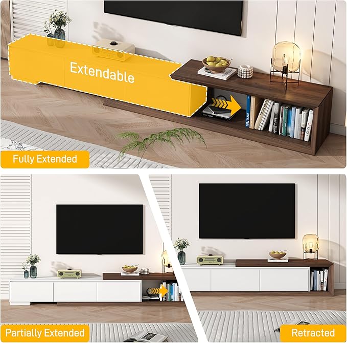 chartustriable Extendable TV Stand with 3 Drawers, Modern Minimalist Entertainment Center, Reversible Long TV Media Console, Bevel Design, 82-107.3 Inch, White & Walnut