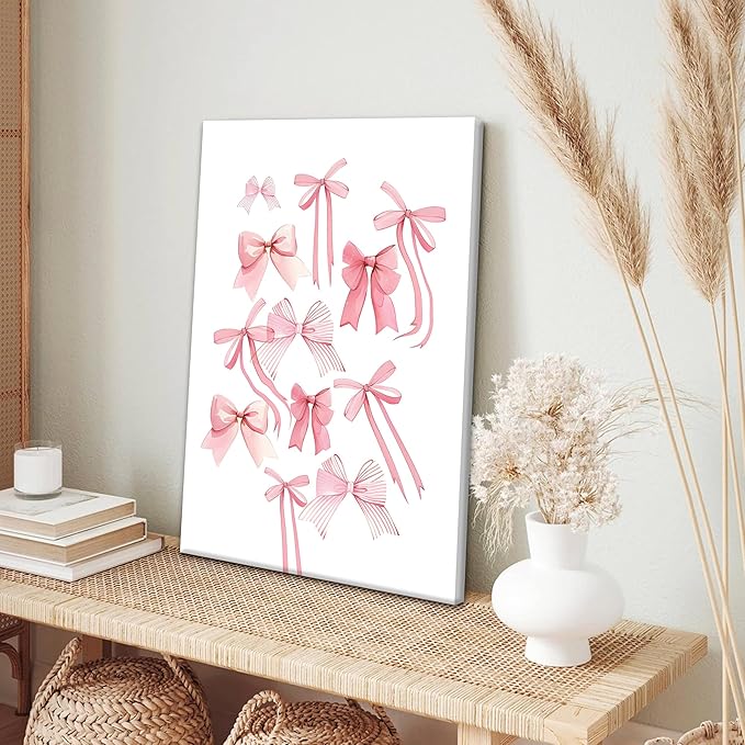 Fashion Pink Bows Wall Art Set of 3, Preppy Watercolor Cherry Cowboy Boots Wall Decor Posters, Cute Aesthetic Room Decor Canvas Prints Picture for College Girl Apartment Bedroom 12x16 Inch Framed