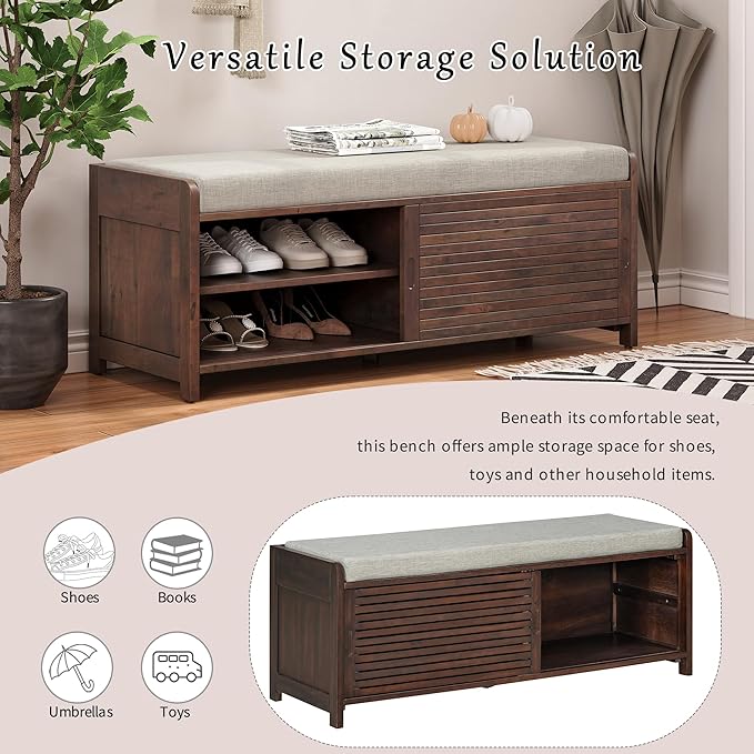 LUMISOL Shoe Bench with Storage and Cushion, Farmhouse Distressed Shutter Storage Bench with Retro Charm for Living Room, Entryway, Espresso