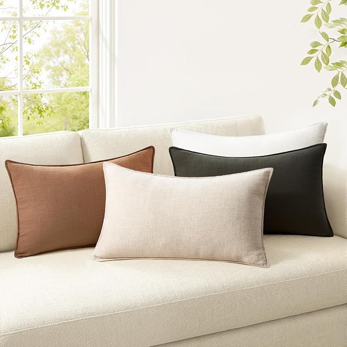 Linen Soild Decorative Throw Lumbar Pillow Covers Soft Accent Farmhouse Gold Olive Pack of 4 Cushion Case 12 x 20 Inch Rectangle Pillowcase for Couch Bedroom and Living Room Home Decor