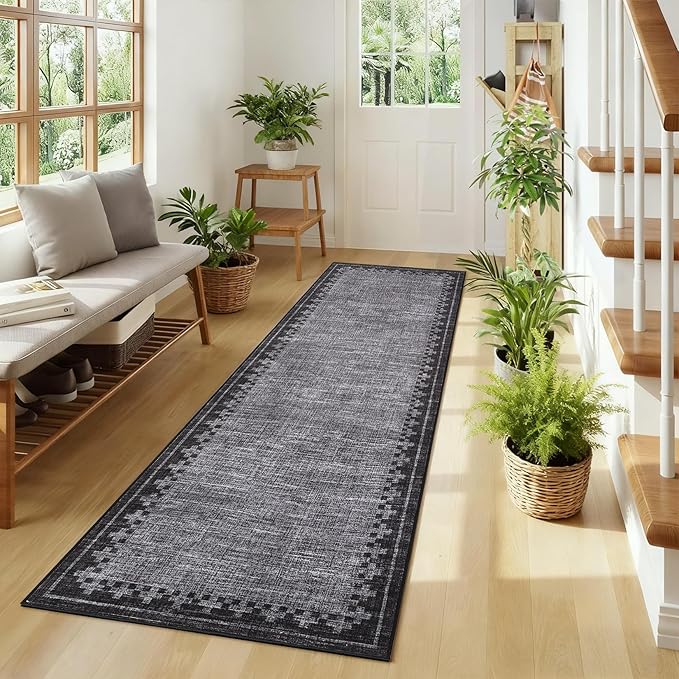 GarveeHome Modern Bordered Runner Rug 2x6 for Hallway Non Slip Low Pile Neutral Kitchen Runner Rugs Washable Bedroom Throw Carpet Geometric Cross Runners Mat for Living Room Nursery Laundry, Grey