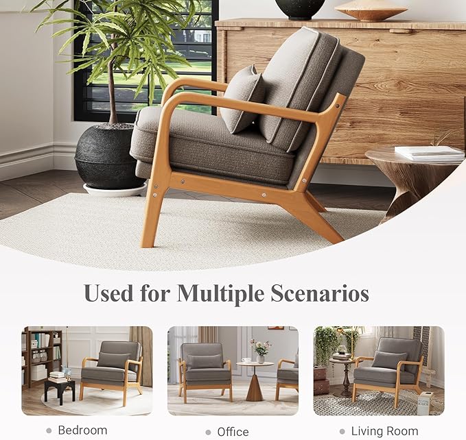 MALOL Accent Chair with Solid Wood Frame, Mid-Century Relaxing Armchair Lumbar Pillow& Soft Cushion, Reading Leisure Chair for Living Room, Bedroom, Waiting Room-Grey