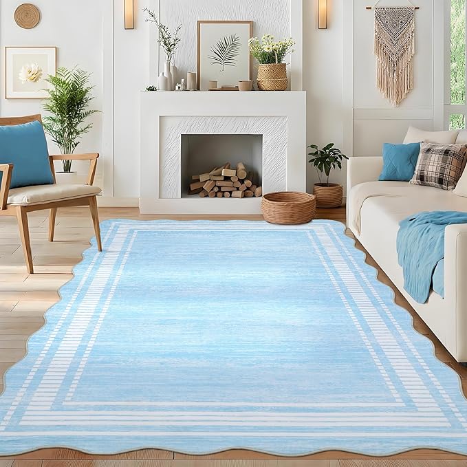 Garvee Washable Scalloped 5x7 Rug Living Room Rugs 5x7 Non-Slip Washable Solid Neutral Carpet, Modern Scalloped Rug Indoor Faux Wool Floor Mats for Bedroom Playroom Dining Room Home Office, Light Blue