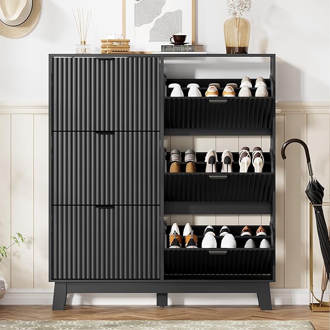 HUANLEGO Shoe Cabinet Storage for Entryway with 6 Flip Drawers, Fluted Narrow Shoe Organizer with Wooden Legs, Freestanding Slim Shoe Storage Hidden Shoe Rack Organizer for Front Door Entrance, Black
