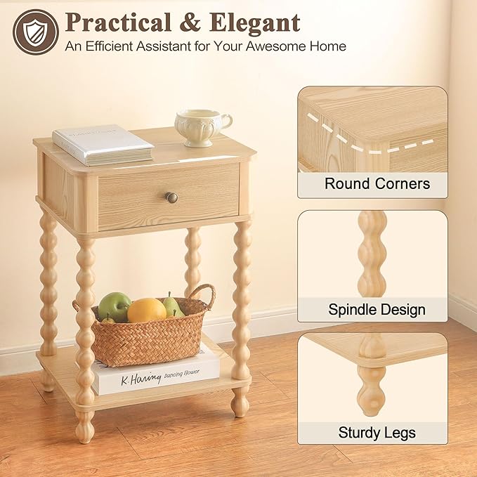 AWASEN Night Stand, Small End Table with Storage for Living Room, Farmhouse Bedside Side Table with Spindle Wood Legs for Bedroom, Office, Natural