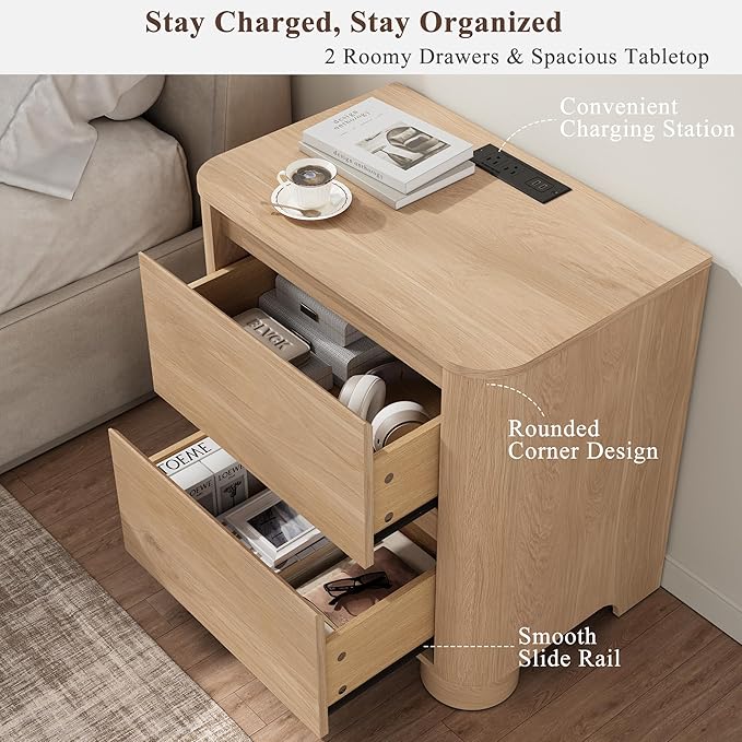 Nightstand with Charging Station, 23.6" Modern Night Stand with Unique Thickened Foot and 2 Storage Drawers, Bedside Table with Rounded Corner Design for Bedroom, Natural Oak
