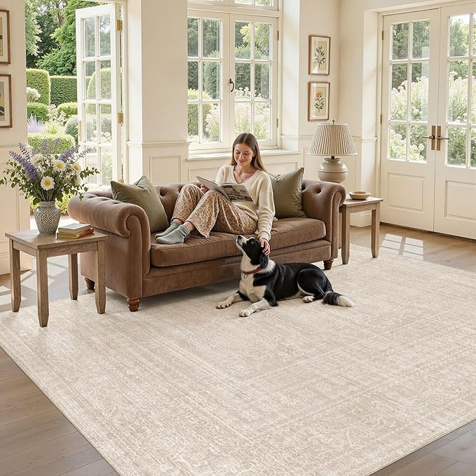 Nakagishi 5x8 Area Rugs Living Room: Washable Large Vintage Rug Neutral Non-Slip Soft Stain Resistant Indoor Carpet for Bedroom Nursery Dining Room Office Playroom - Beige