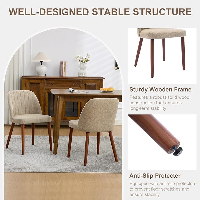 GarveeHome Wooden Dining Chairs Set of 6, Upholstered Kitchen Dining Room Chairs with Padded Seat and Wood Legs, Modern Fabric Side Dinner Chair for Kitchen, Dining Room, Restaurant, Cafe, Camel