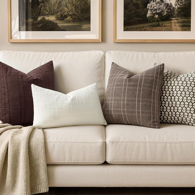 MIULEE Decorative Linen Check Euro Shams Throw Pillow Covers Neutral Farmhouse Vintage Pillow Covers 24x24 Set of 2 Boho Modern Winter Home Decor for Sofa Couch Bedroom Cushion Dark Brown