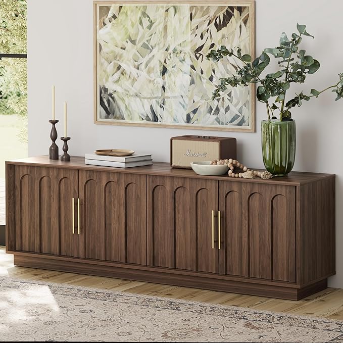 FORTUNETEC TV Stand for 75 Inch TV, Mid Century Modern TV Stand with Arched Design, Wood Grain Finish, Media Console with Adjustable Shelves, 67" Entertainment Center for Living Room Bedroom, Walnut