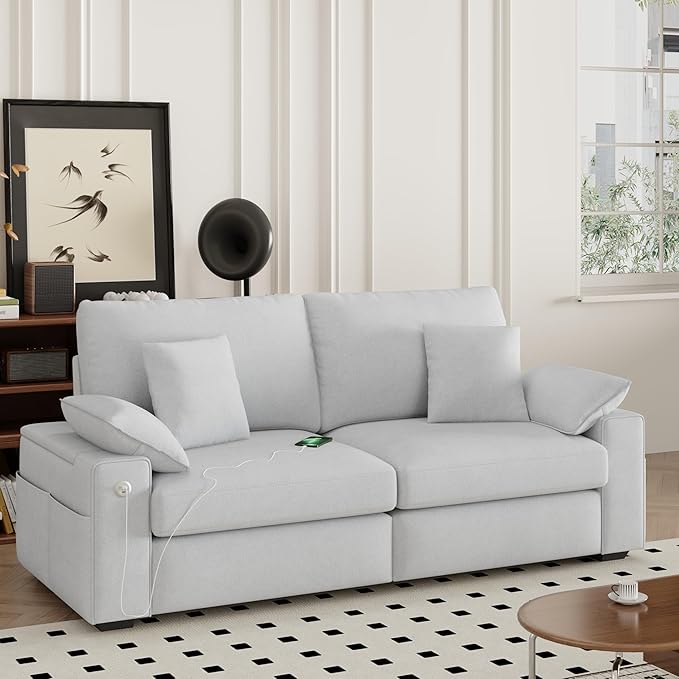 76.38'' Modern Loveseat Sofa, 2 Seats, Light Grey | USB/Type-C Port, Side Storage, Removable Cover, Easy Assembly, For Small Spaces, Living Room