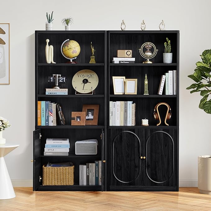 ORRD 70.8" Tall Fluted Bookshelf with Storage Cabinet, Modern 5-Tier Wood Bookcase with Open Display Storage Shelf, Gold Handles for Office Living Room (Black)