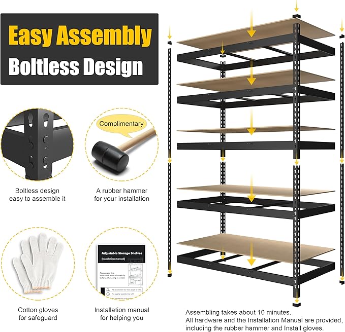 PrimeZone 2 Pack Heavy Duty Storage Shelves - 47"W x 18"D x 71"H 5 Tier Adjustable Garage Storage Shelving, Metal Utility Rack Organizer Shelf Unit for Warehouse Pantry Closet Kitchen Basement, Black