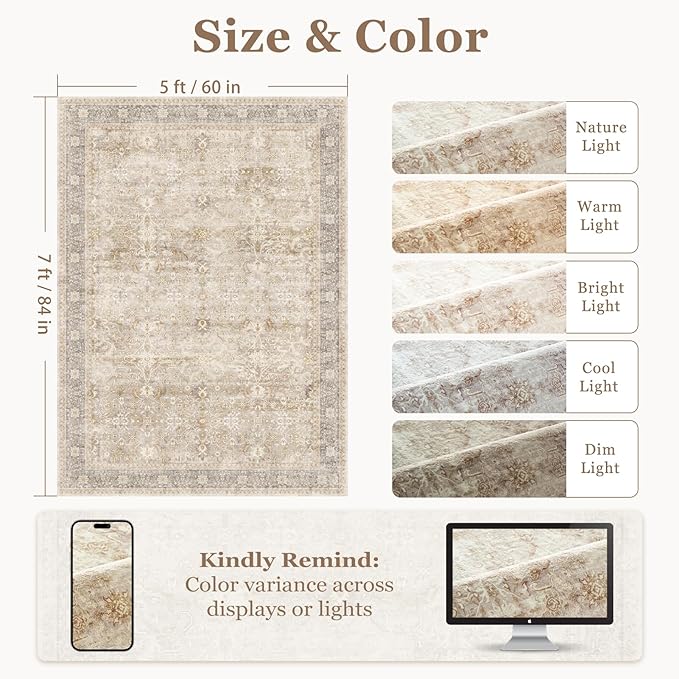 Neutral Beige 5x7 Area Rugs for Living Room Bedroom, Washable Non Slip Low Pile Thin Soft Carpet Rugs for Dining Room/Kitchen/Home Office/Nursery, Vintage Earth Tone Rug with Decorative Fringe