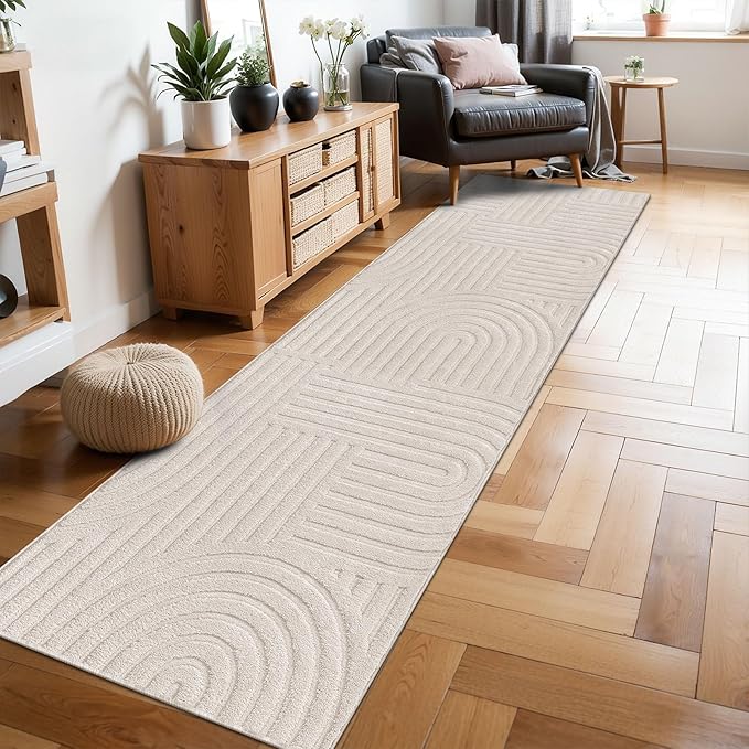 SHACOS Soft Cozy Fluffy Arch Pattern High-Low Pile Runner Rugs 2'x10' Non Slip Washable Scandinavian Minimalist Rug Runner Modern Geometric Carpet for Living Room Bedroom Bathroom Hallway, Beige