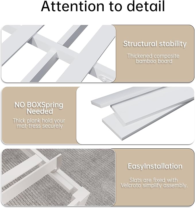 14 Inch Bamboo Bed Frame – Solid Wood Platform Bed Frame, Strong and Stable, with Non-Slip Slats for Support, No Box Spring Needed, Easy to Assemble, Noise-Free (White, Twin with Headboard)
