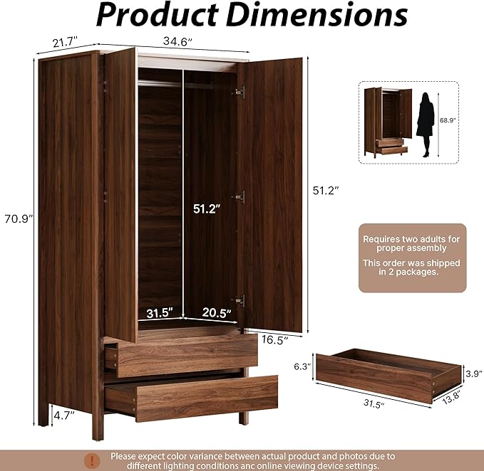 MAISONARIA Wardrobe with 2 Doors and 2 Drawers, 70.9”H Modern Walnut Bedroom Armoire Closet with Hidden Handles, Freestanding Wooden Storage Cabinet for Clothes and Essentials