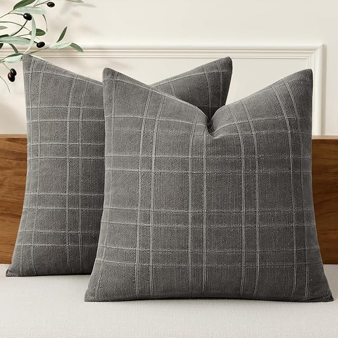 MIULEE Decorative Linen Check Lumar Throw Pillow Covers Neutral Farmhouse Vintage Pillow Covers 24x24 Inch Set of 2 Boho Modern Home Decor for Sofa Couch Bedroom Cushion Chair Charcoal Gray