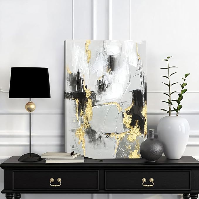 Framed Abstract Black Gold Wall Art Set of 2, Modern Black White Gold Canvas Prints Poster Picture for Living Room, Bedroom and Office Wall Decor 16 x 24 Inch