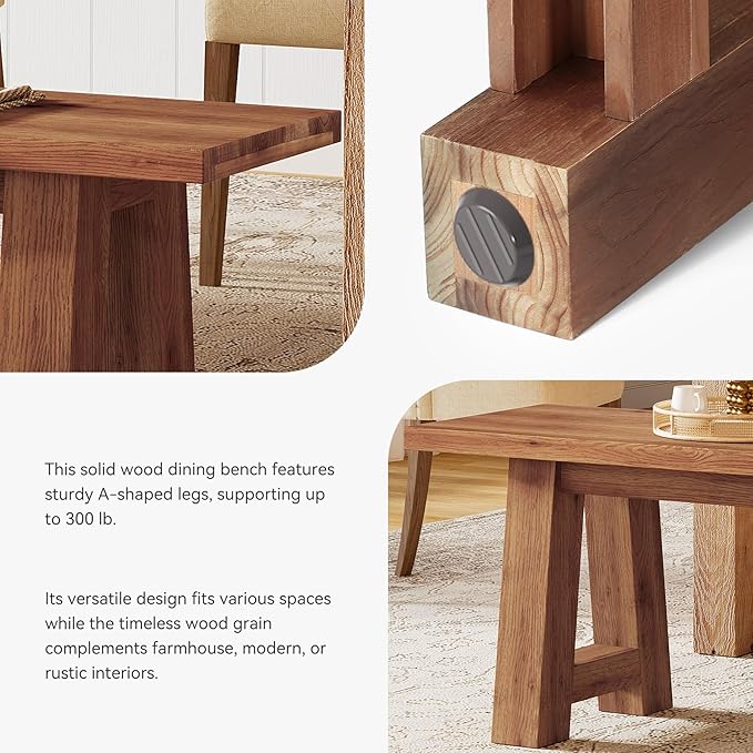 Solid Wood Dining Bench with A-Shaped Legs, 55.12-Inch Farmhouse Entryway Bench Indoor for Hallway, Kitchen, Dining Room, Living Room (Brown)