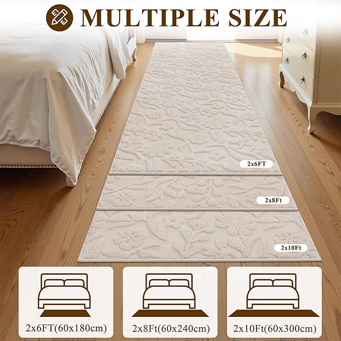 Vaukki 2x10 Runner Rug for Living Room, Soft Fluffy Washable Modern Floral Indoor Floor Mat, Non Slip Shaggy Boho Accent Throw Carpet for Bedroom, Living Room, Nursery and Dining Room, Beige