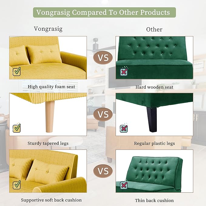 Vongrasig 48" Small Modern Loveseat Sofa, Mid Century Soft Corduroy Fabric 2-Seat Sofa Couch Tufted Love Seat with Back Cushions and Tapered Legs for Living Room, Bedroom and Small Space (Yellow)