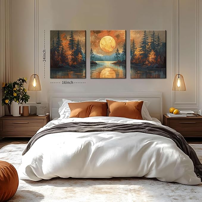 Framed Gold Mountain Forest Sunset Landscape Wall Art Set of 3, Abstract Boho Lakeside Forest Sunset Wall Decor, Vintage Nature Landscape Canvas Prints Poster for Living Room Bedroom Office 16x24 Inch