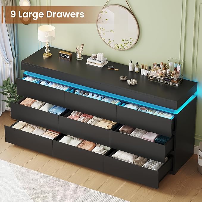 HAUOMS 9 Drawer Dresser with LED Light, Black Modern Chest of Drawers for Bedroom,Long Dresser with Drawers for Living Room, Entryway, Hallway