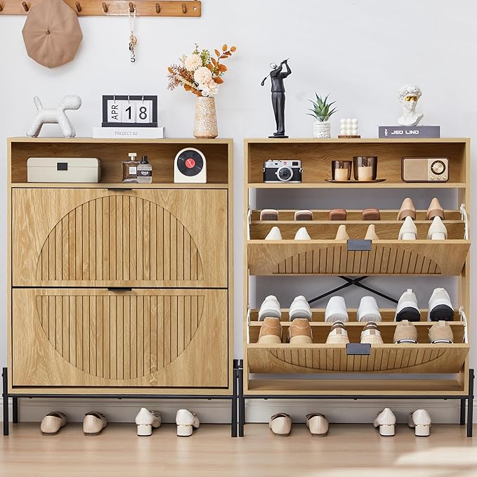 FurSch Fluted Shoe Cabinet with 2 Flip Drawers, Slim Freestanding Hidden Shoe Cabinet Organizer, Narrow Shoes Storage Rack for Entryway (All Natural-2 Drawers, 9.45" D x 31.5" W x 41.93" H)