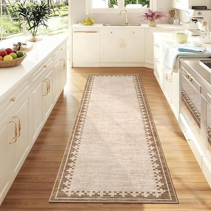 GarveeHome Modern Bordered Runner Rug 2x6 for Hallway Non Slip Low Pile Neutral Kitchen Runner Rugs Washable Bedroom Throw Carpet Geometric Cross Runners Mat for Living Room Nursery Laundry, Beige