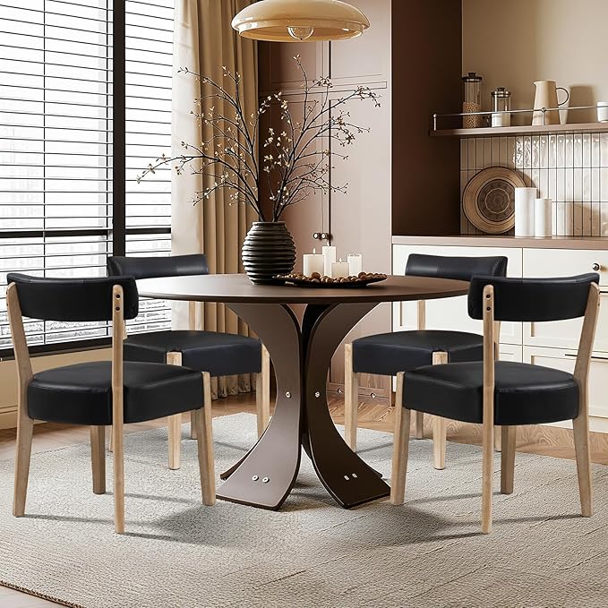 ZJhome Modern Black Dining Chairs Set of 4 – Mid-Century Modern Faux Leather Upholstered Kitchen & Dining Room Chairs with Curved Back, Oversized Rounded Seat, and Sturdy Wood Frame